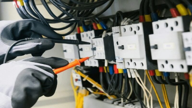 Electrician testing electrical panel with multimeter