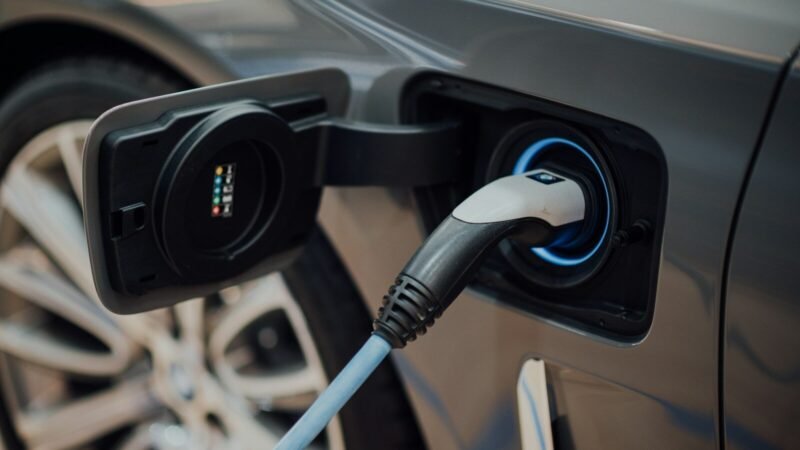 electric vehicle charging cable plugged into car
